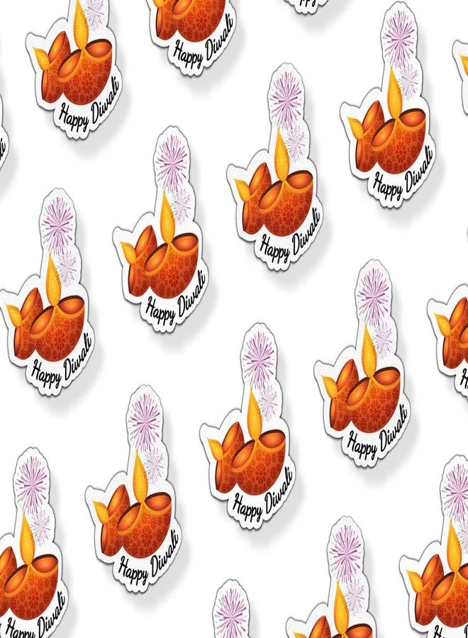 D2C 88-Piece Happy Diwali Warm Orange Diya Stickers - 1.35 Inch Traditional Oil Lamp Design with Fireworks, Self-Adhesive Festival Gift Wrap Labels (Orange Diya) - Image 1